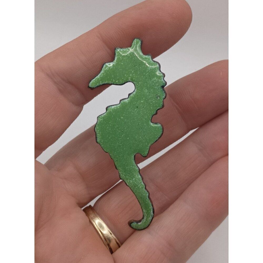 Handmade Vintage Seahorse Brooch Pin Green Enamel on Copper 2.25" MCM Estate